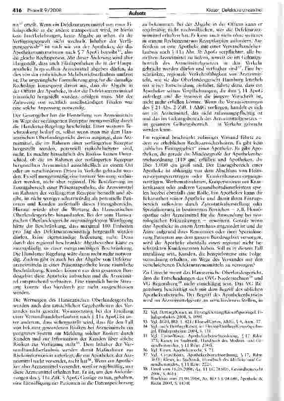 Vorschauseite 4: Beschränkte Versandmöglichkeit von Defekturarzneimitteln? Zugleich eine Anmerkung zur Entscheidung des Hanseatischen OLG vom 11. 10. 2007