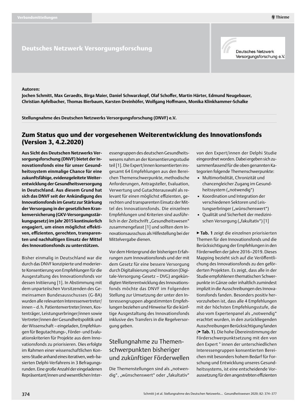 Vorschauseite 1: Zum Status quo und der vorgesehenen Weiterentwicklung des Innovationsfonds (Version 3, 4. 2. 2020)