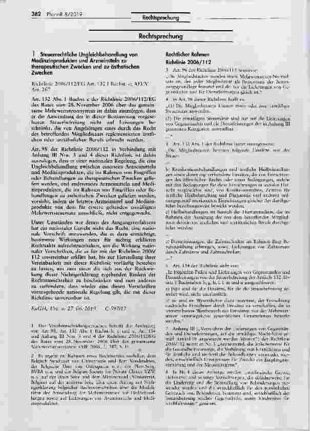Vorschauseite 1: Steuerrechtliche Ungleichbehandlung von Medinzinprodukten und Arzneimtteln zu therapeutischen Zwecken und zu ästhetischen Zwecken Richtlinie 2006/112/EG Art. 132 I Buchst, c; AEUV…