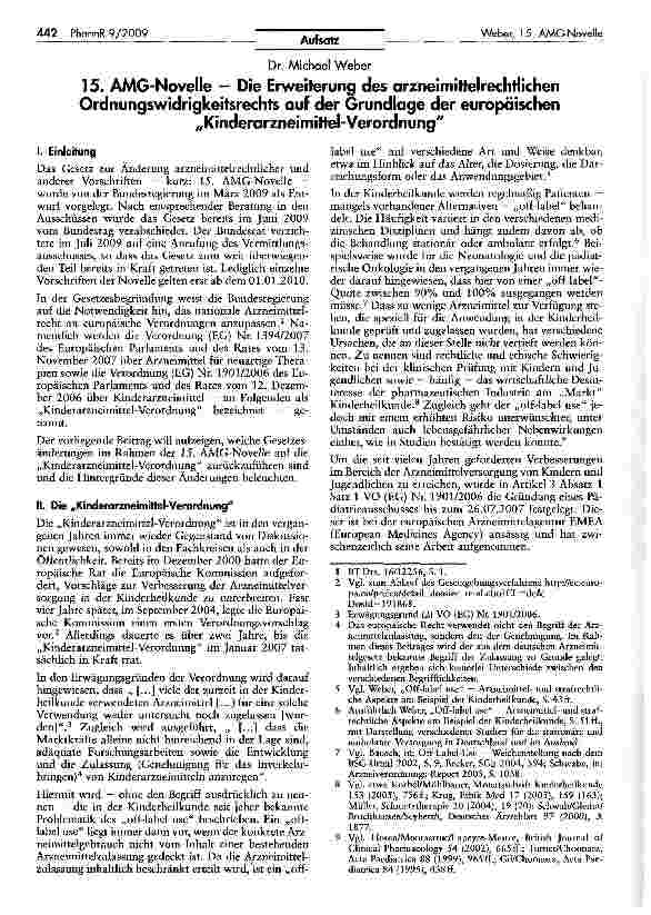 Vorschauseite 1: 15. AMG-Novelle — Die Erweiterung des arzneimittelrechtlichenOrdnungswidrigkeitsrechts auf der Grundlage der europäischen„Kinderarzneimittel-Verordnung