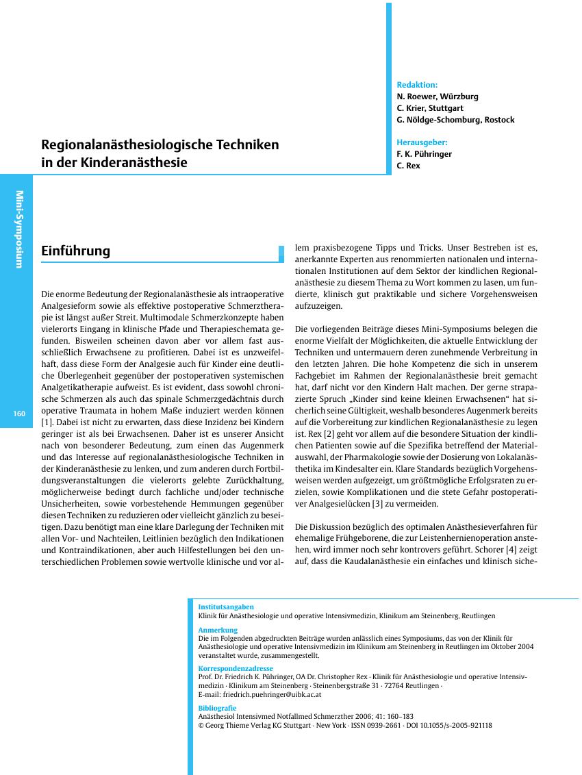 Vorschauseite 1: Regionalanästhesiologische Techniken in der Kinderanästhesie