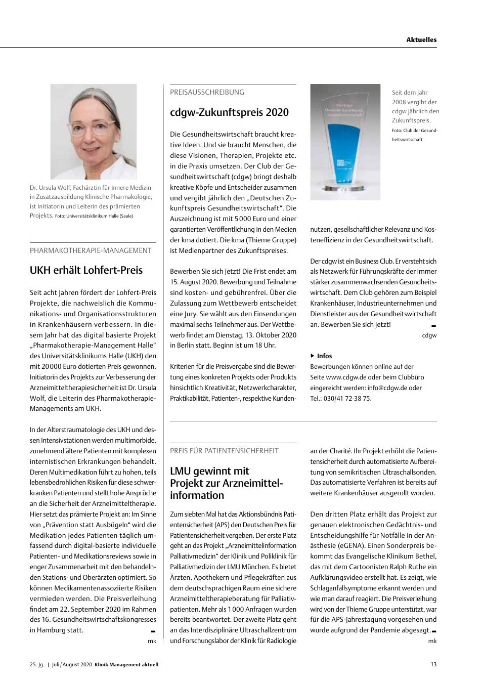 Vorschauseite 1: Preisausschreibung: CDGW-Zukunftspreis 2020
