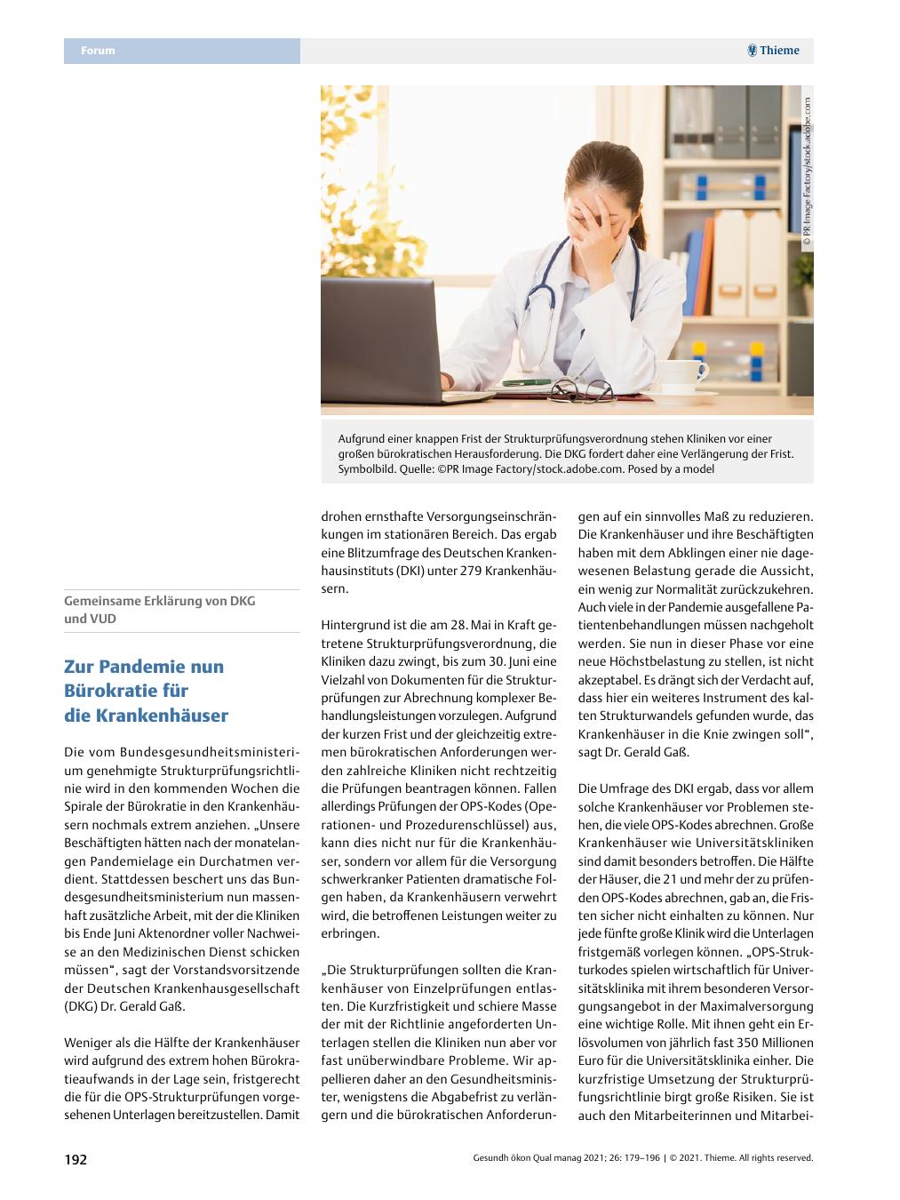 Vorschauseite 1: Gemeinsame Erklärung von DKG und VUD - Zur Pandemie nun Bürokratie für die Krankenhäuser