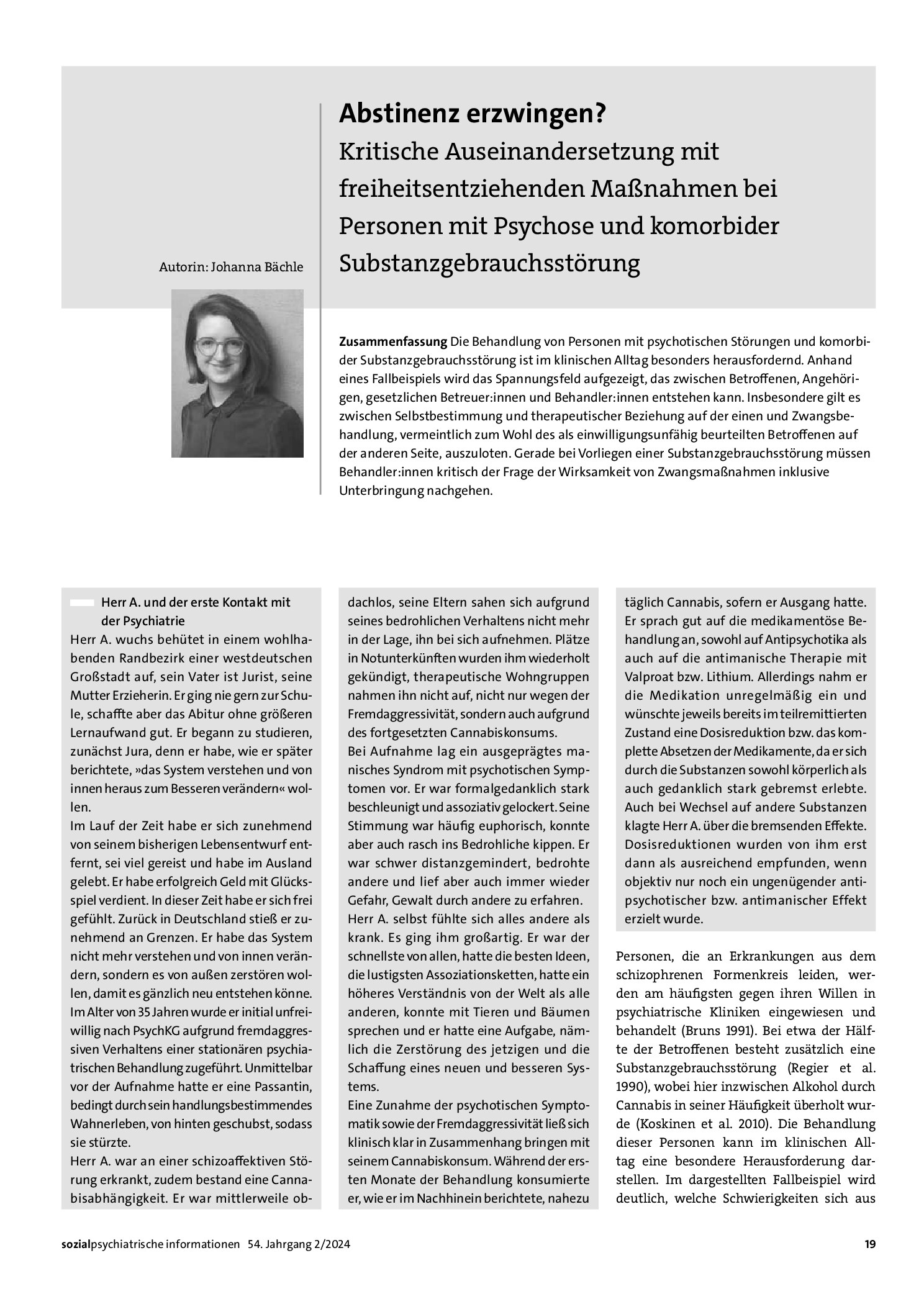 Vorschauseite 1: Abstinenz erzwingen? Kritische Auseinandersetzung mit freiheitsentziehenden Maßnahmen bei Personen mit Psychose und komorbider Substanzgebrauchsstörung