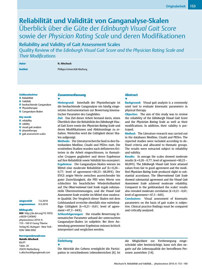Vorschauseite 1: Reliabilität und Validität von Ganganalyse-Skalen