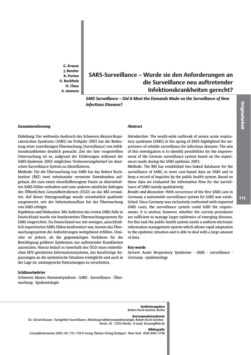Vorschauseite 1: SARS-Surveillance - Wurde sie den Anforderungen an die Surveillance neu auftretender Infektionskrankheiten gerecht?