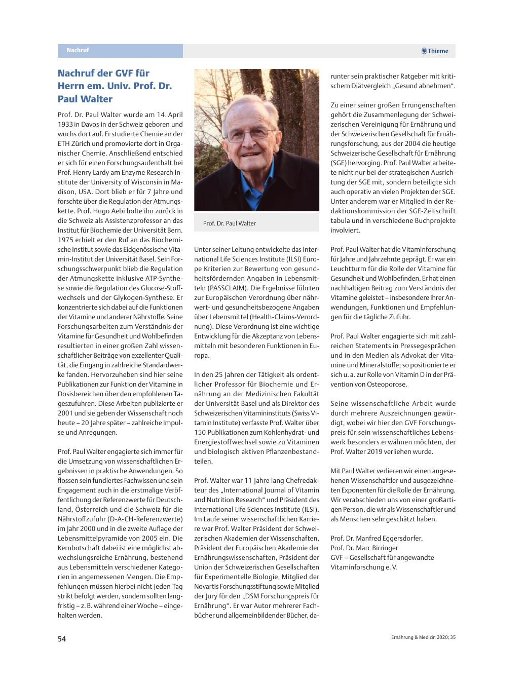 Vorschauseite 1: Nachruf der GVF für Herrn em. Univ. Prof. Dr. Paul Walter