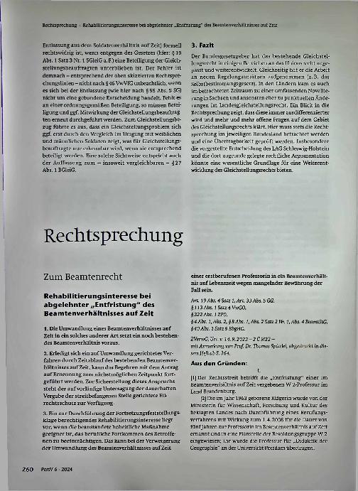 Vorschauseite 1: Zum Beamtenrecht Rehabilitierungsinteresse bei abgelehnter „Entfristung" des Beamtenverhältnisses auf Zeit