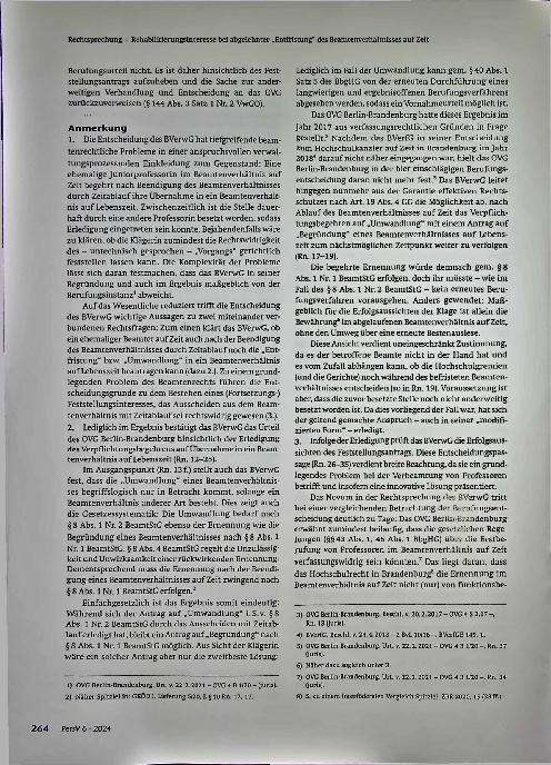 Vorschauseite 5: Zum Beamtenrecht Rehabilitierungsinteresse bei abgelehnter „Entfristung" des Beamtenverhältnisses auf Zeit