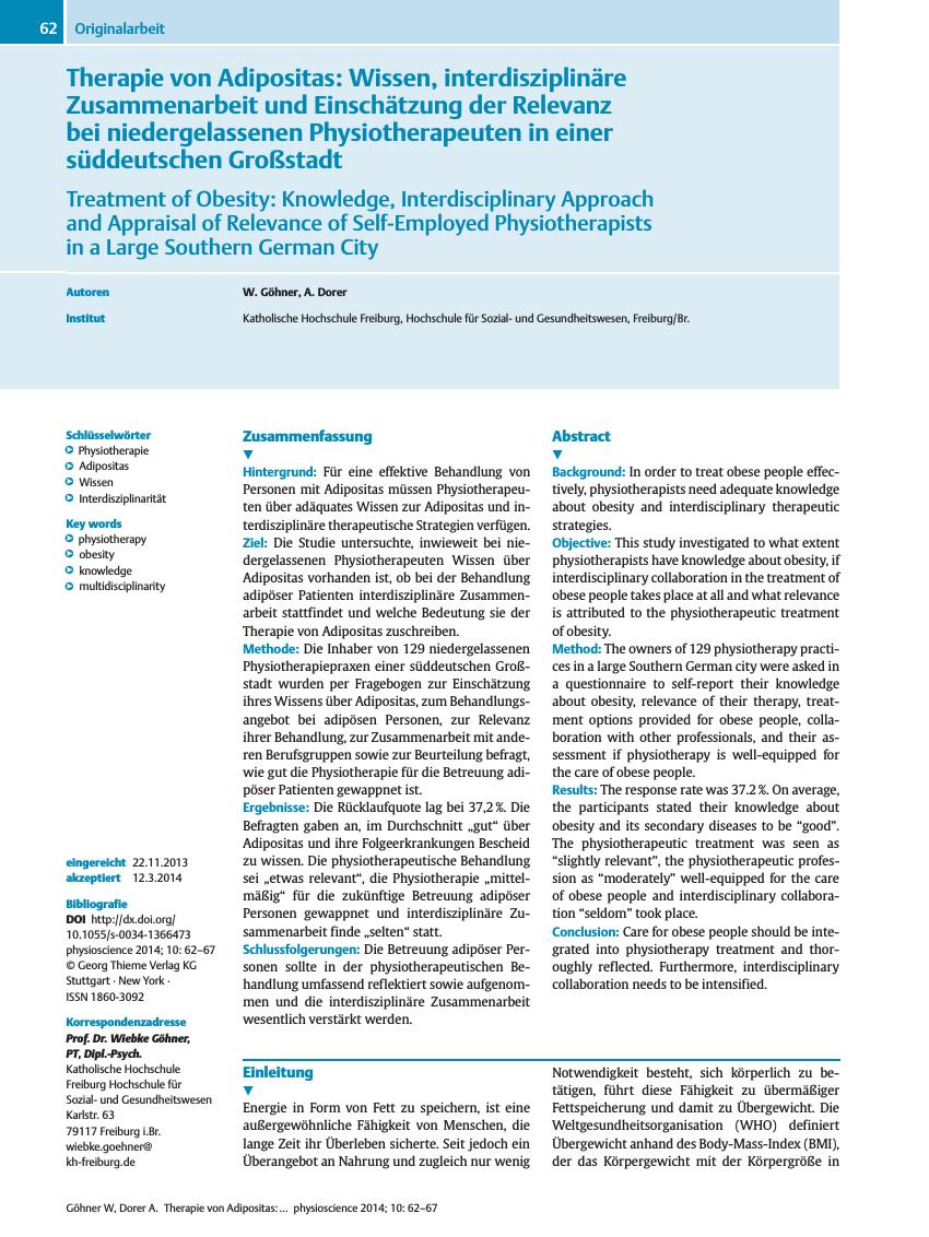 Vorschauseite 1: Therapie von Adipositas: Wissen, interdisziplinäre Zusammenarbeit und Einschätzung der Relevanz bei niedergelassenen Physiotherapeuten in einer süddeutschen Großstadt