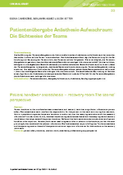 Vorschauseite 1: Patientenübergabe Anästhesie-Aufwachraum: Die Sichtweise der Teams