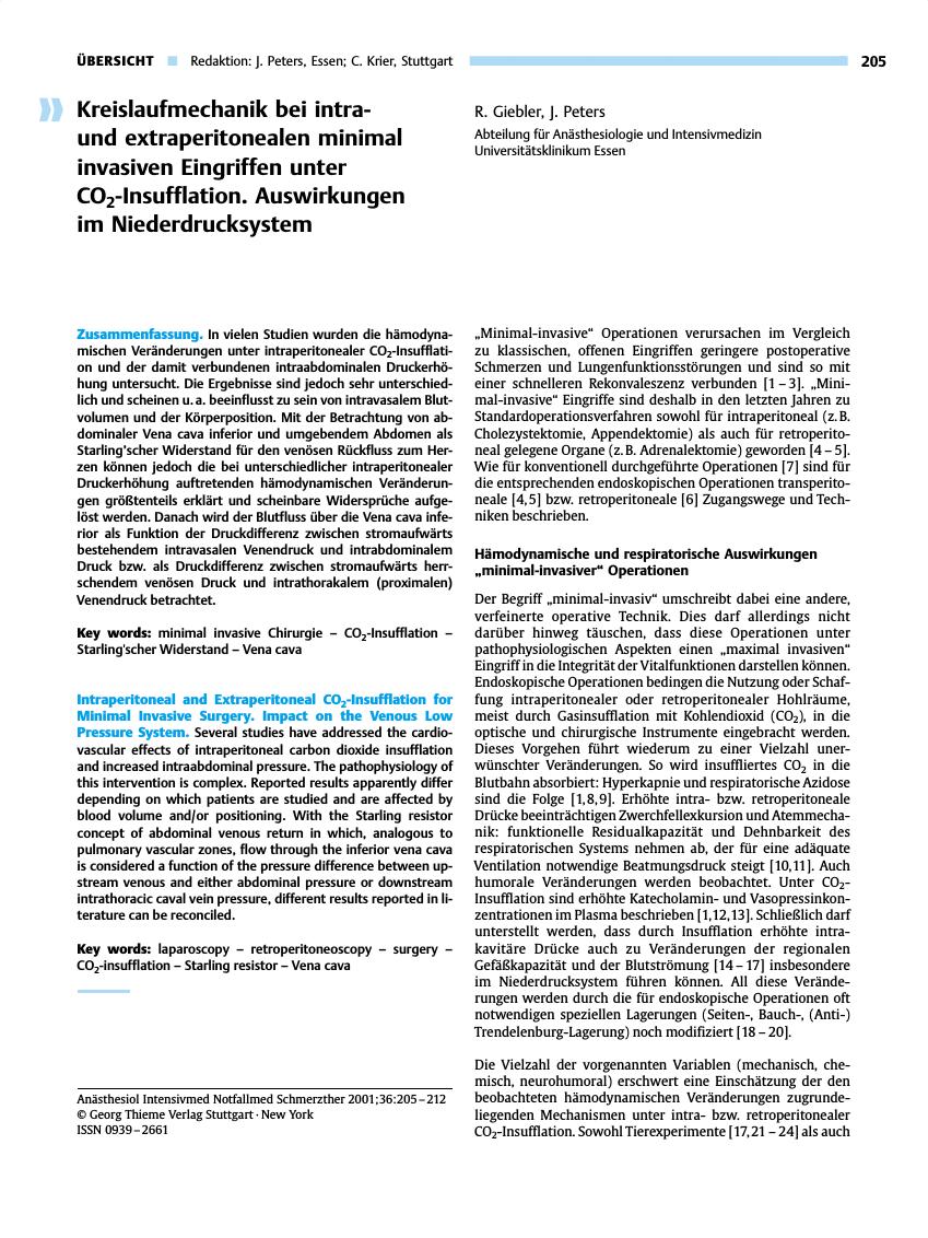 Vorschauseite 1: Kreislaufmechanik bei intraund extraperitonealen minimal invasiven Eingriffen unter CO2-Insufflation. Auswirkungen im Niederdrucksystem