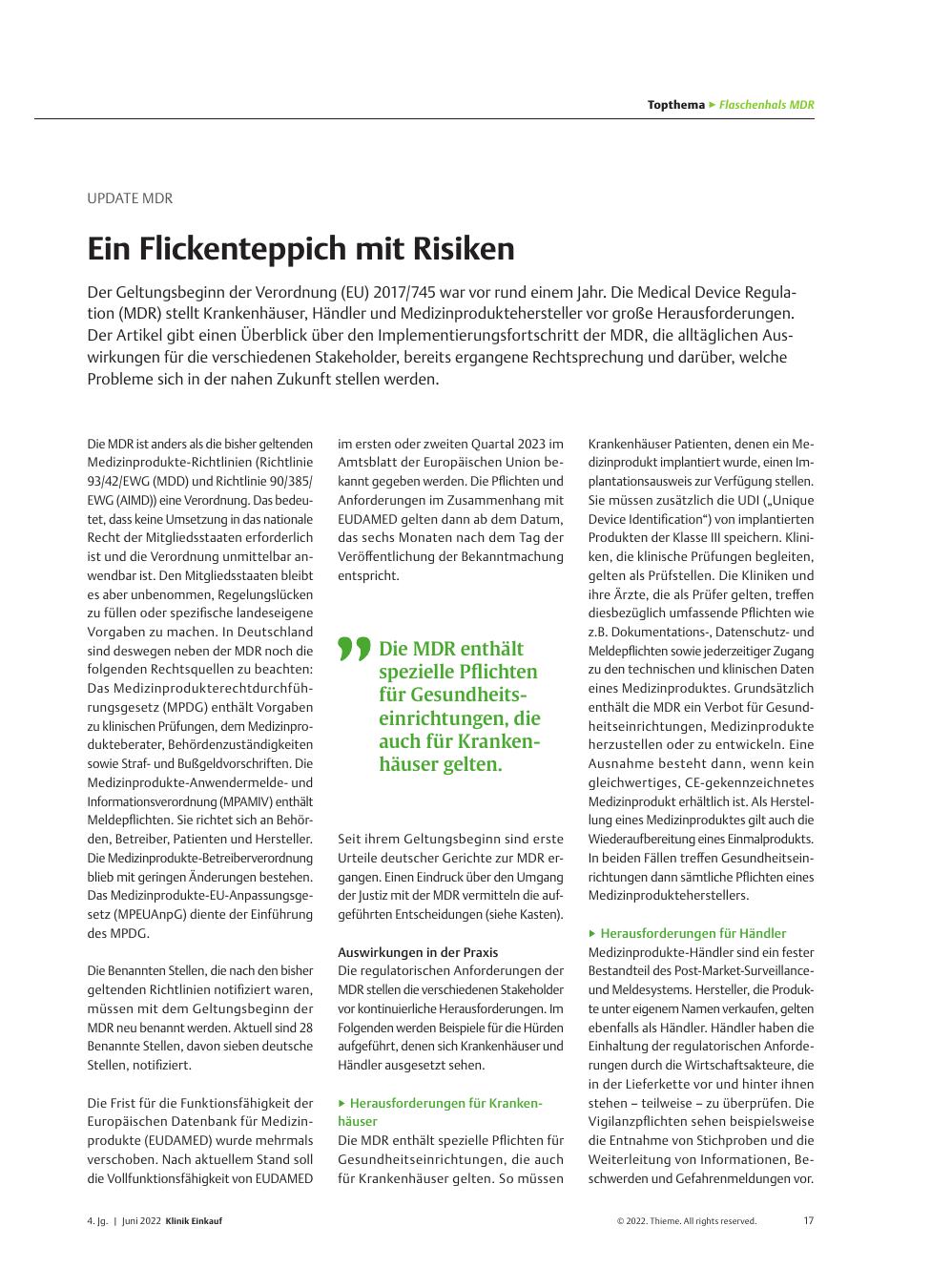 Vorschauseite 1: Update MDR: Ein Flickenteppich mit Risiken
