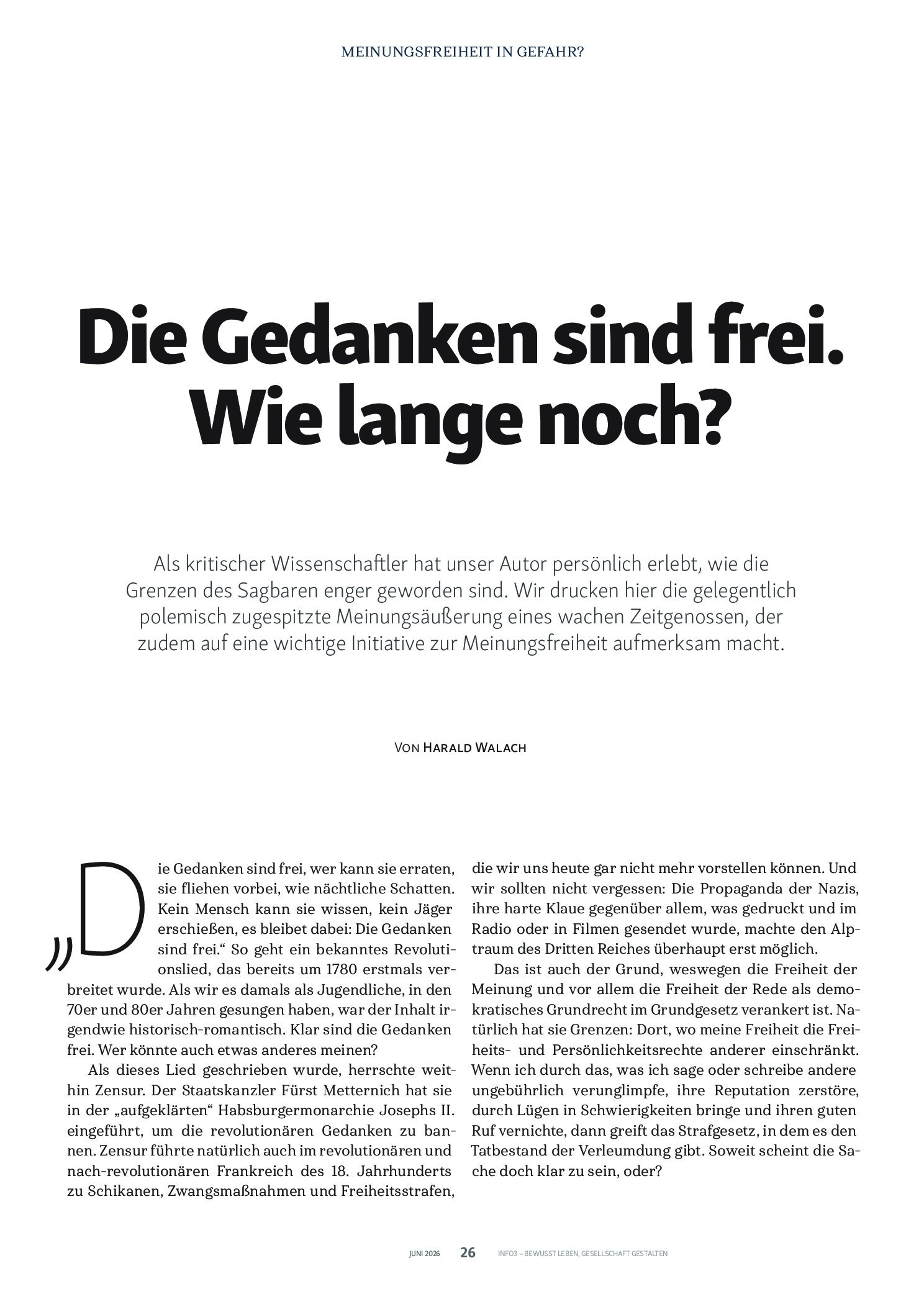 Vorschauseite 1: Die Gedanken sind frei. Wie lange noch?