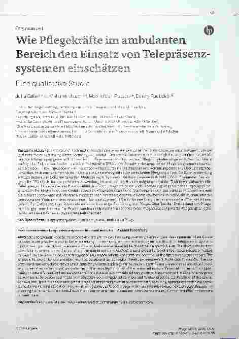 Vorschauseite 1: Wie Pflegekräfte im ambulanten Bereich den Einsatz von Telepräsenzsystemen einschätzen: Eine qualitative Studie