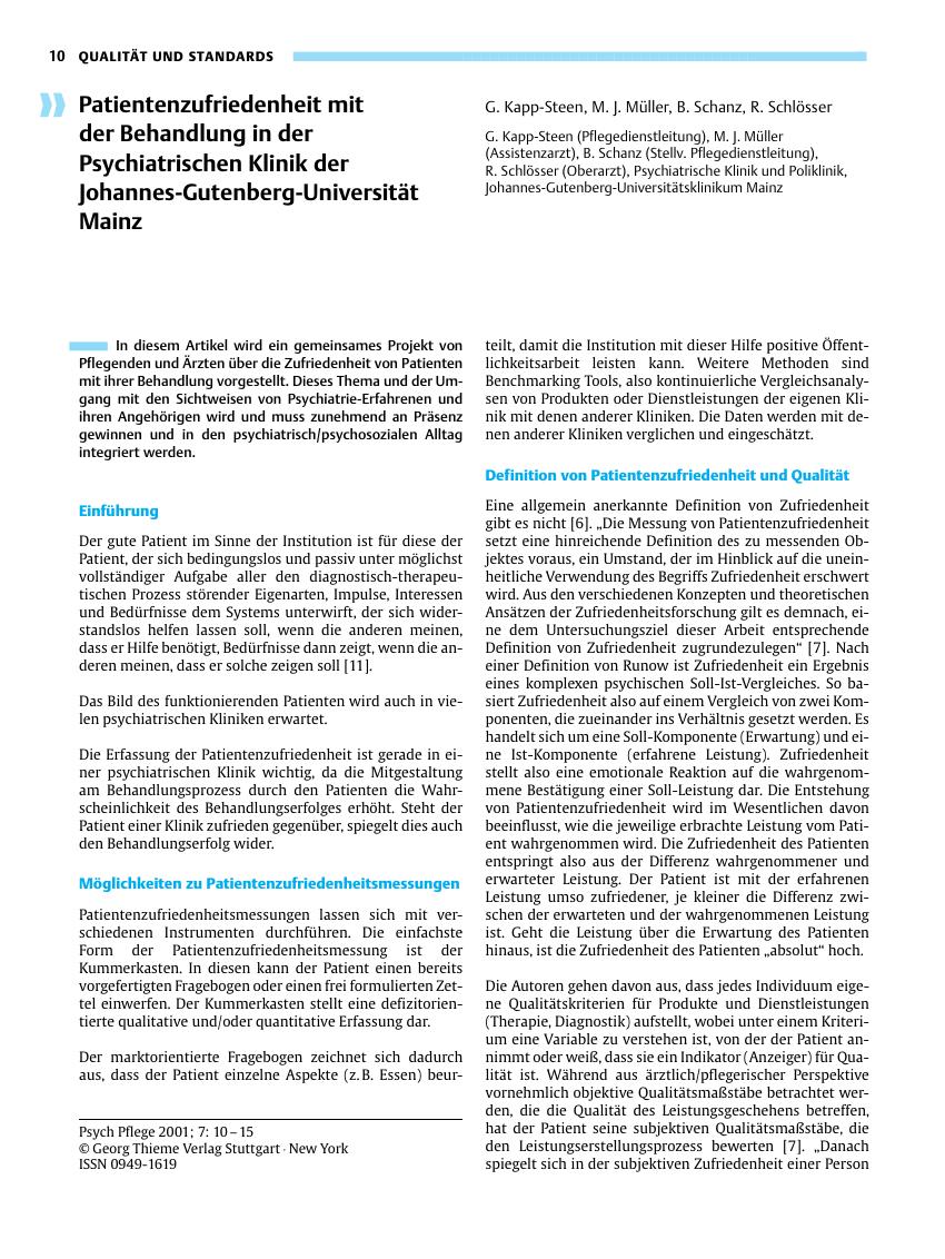 Vorschauseite 1: Patientenzufriedenheit mit der Behandlung in der Psychiatrischen Klinik der Johannes-Gutenberg-Universität Mainz