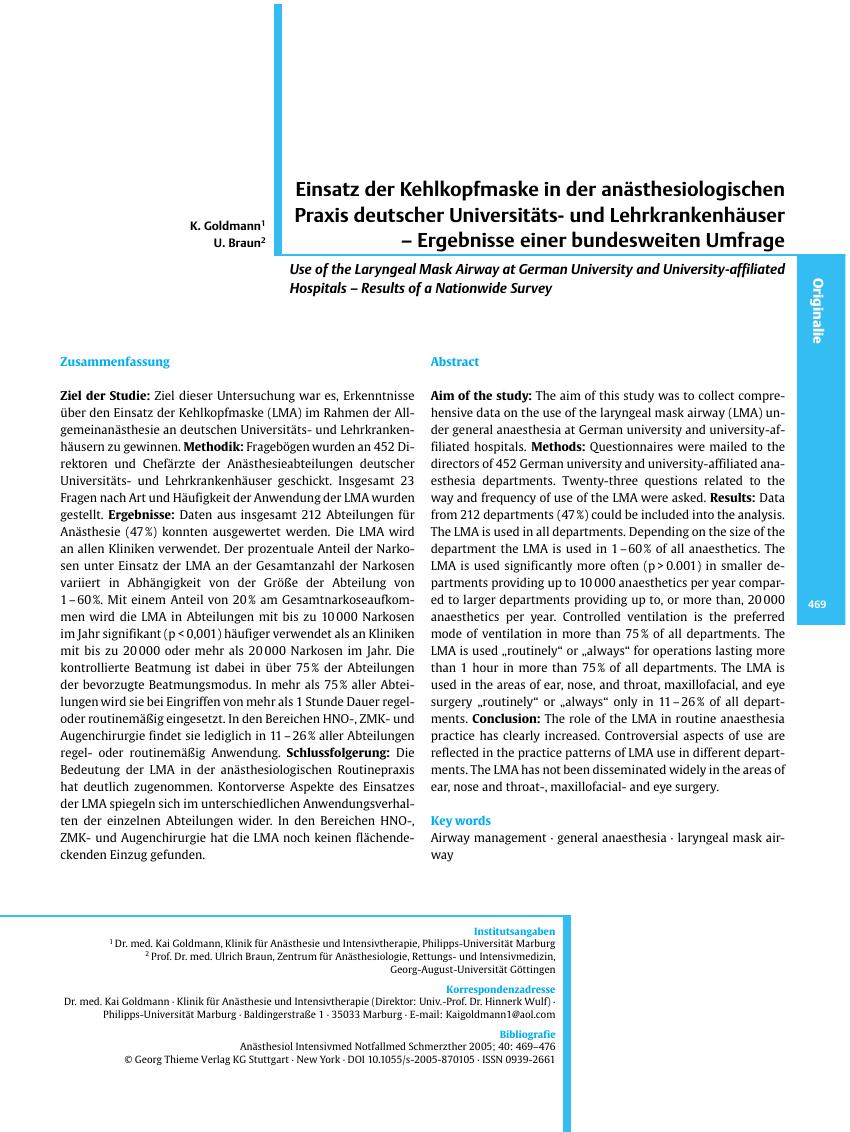 Vorschauseite 1: Einsatz der Kehlkopfmaske in der anästhesiologischen Praxis deutscher Universitätsund Lehrkrankenhäuser - Ergebnisse einer bundesweiten Umfrage