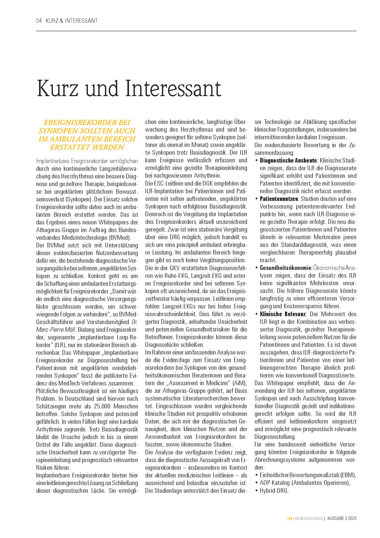Vorschauseite 1: Kurz und interessant: Ereignisrekorder bei Synkopen sollten auch im ambulanten Bereich erstattet werden