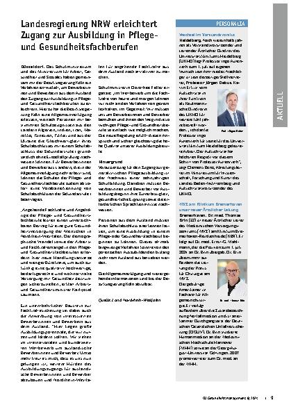 Vorschauseite 1: Landesregierung NRW erleichtert Zugang zur Ausbildung in Pflegeund Gesundheitsfachberufen