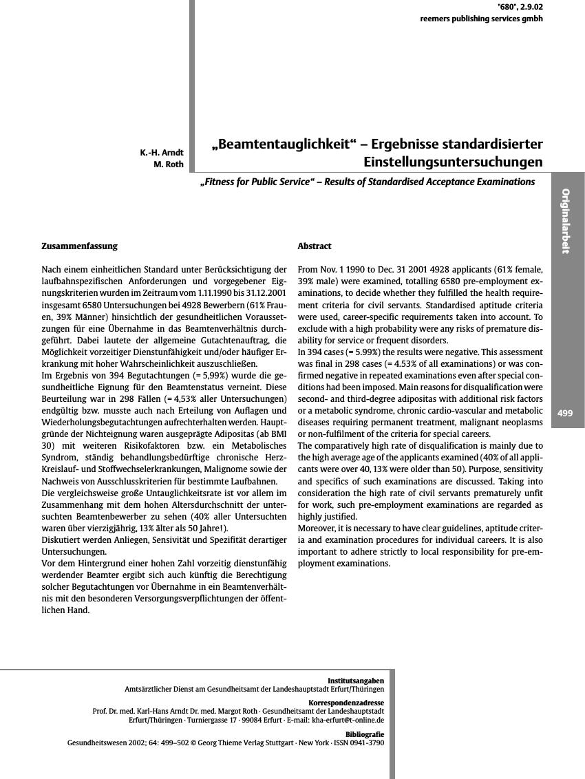 Vorschauseite 1: „Beamtentauglichkeit” - Ergebnisse standardisierter Einstellungsuntersuchungen
