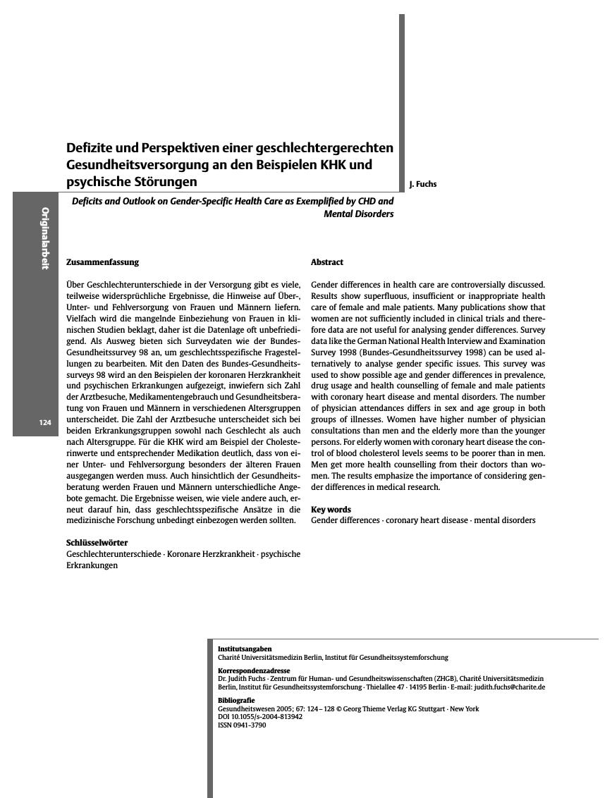 Vorschauseite 1: Defizite und Perspektiven einer geschlechtergerechten Gesundheitsversorgung an den Beispielen KHK und psychische Störungen