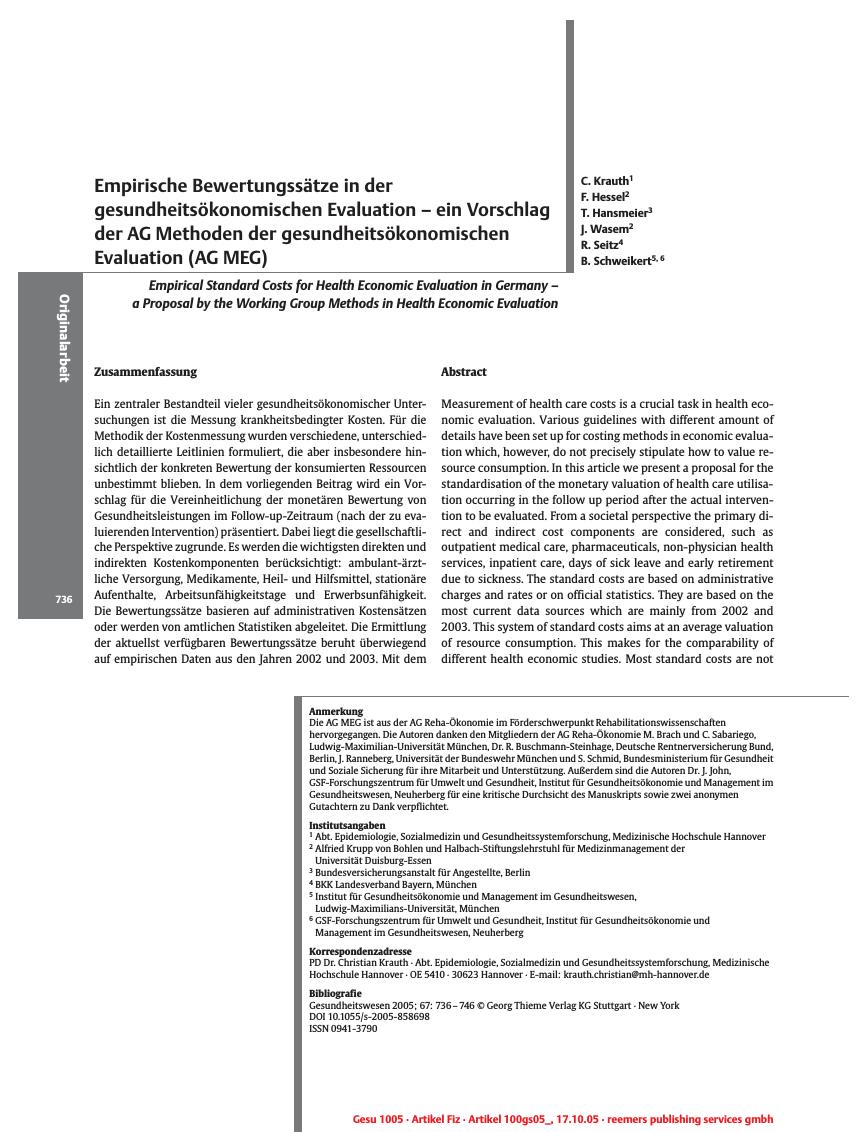Vorschauseite 1: Empirische Bewertungssätze in der gesundheitsökonomischen Evaluation - ein Vorschlag der AG Methoden der gesundheitsökonomischen Evaluation (AG MEG)
