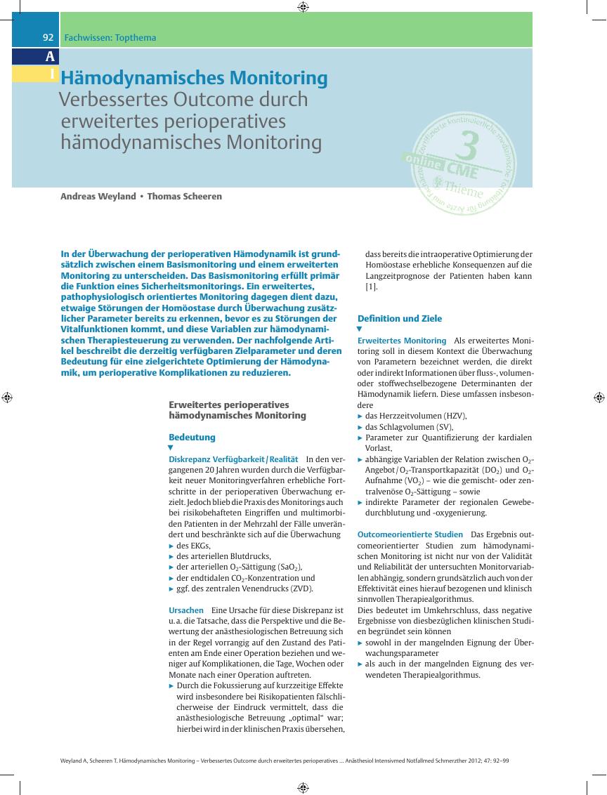 Vorschauseite 1: Hämodynamisches Monitoring – Verbessertes Outcome durch erweitertes perioperatives hämodynamisches Monitoring