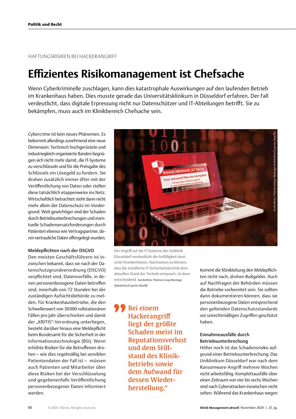 Vorschauseite 1: Haftungsrisiken bei Hackerangriff: Effizientes Risikomanagement ist Chefsache