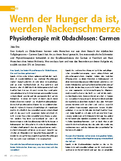 Vorschauseite 1: Wenn der Hunger da ist, werden Nackenschmerzen sekundär Physiotherapie mit Obdachlosen: Carmen Speck im Interview