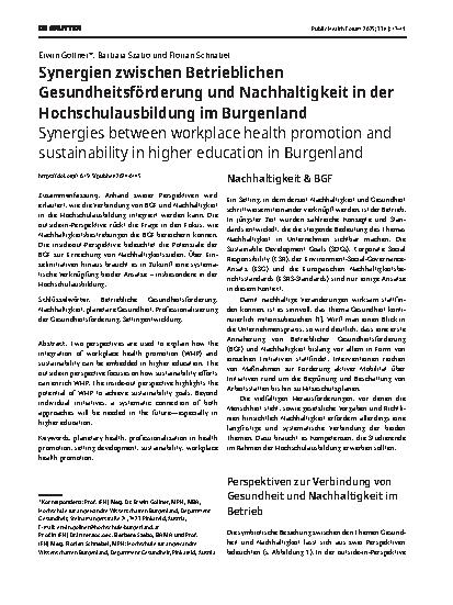 Vorschauseite 1: Synergien zwischen Betrieblichen Gesundheitsförderung und Nachhaltigkeit in der Hochschulausbildung im Burgenland