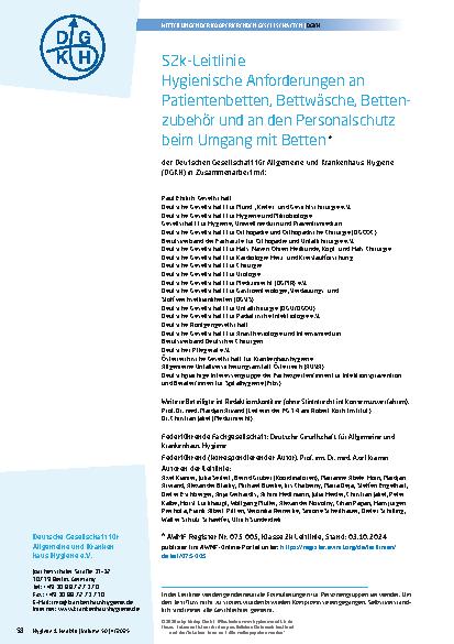 Vorschauseite 1: S2k-Leitlinie Hygienische Anforderungen an Patientenbetten, Bettwäsche, Bettenzubehör und an den Personalschutz beim Umgang mit Betten *