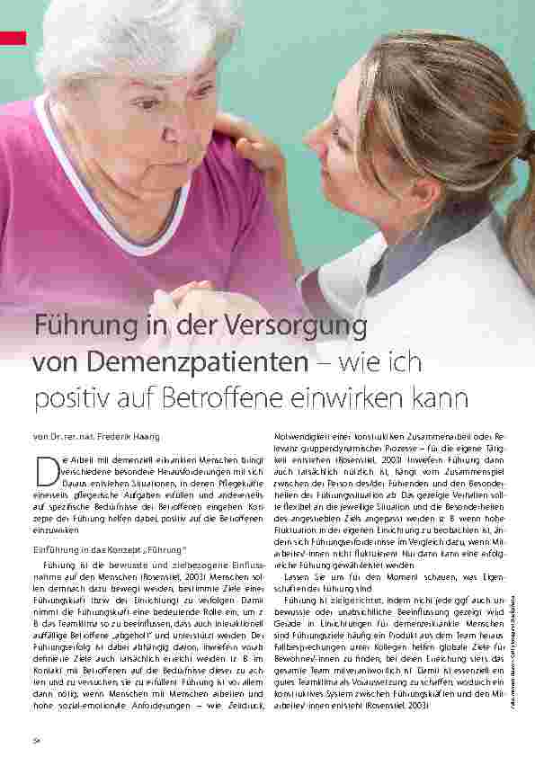 Vorschauseite 1: Führung in der Versorgung von Demenzpatienten – wie ich positiv auf Betroffene einwirken kann