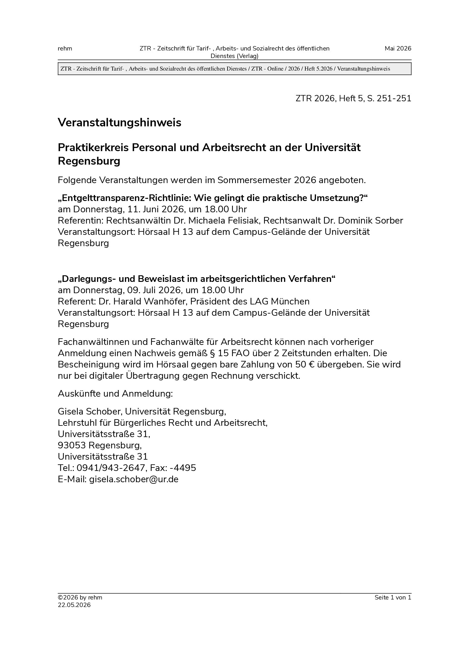 Vorschauseite 1: Veranstaltungshinweis: Praktikerkreis Personal und Arbeitsrecht an der Universität Regensburg