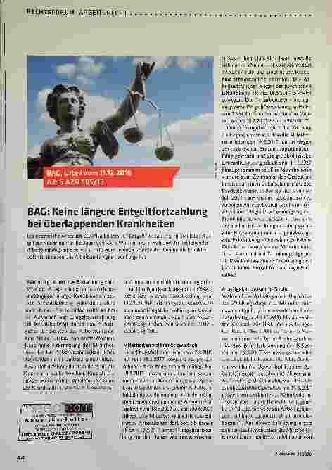 Vorschauseite 1: BAG: Keine längere Entgeltfortzahlung bei überlappenden Krankheiten