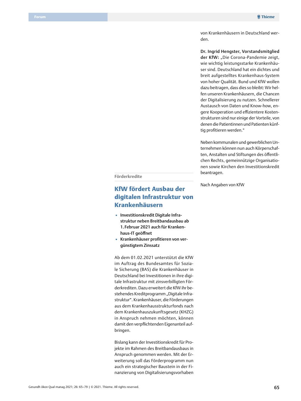 Vorschauseite 1: Förderkredite - KfW fördert Ausbau der digitalen Infrastruktur von Krankenhäusern
