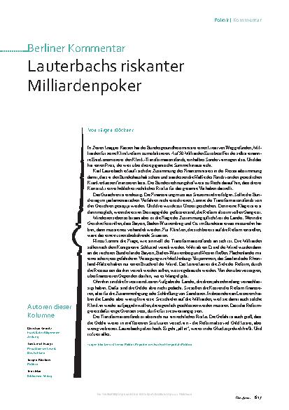 Vorschauseite 1: Lauterbachs riskanter Milliardenpoker