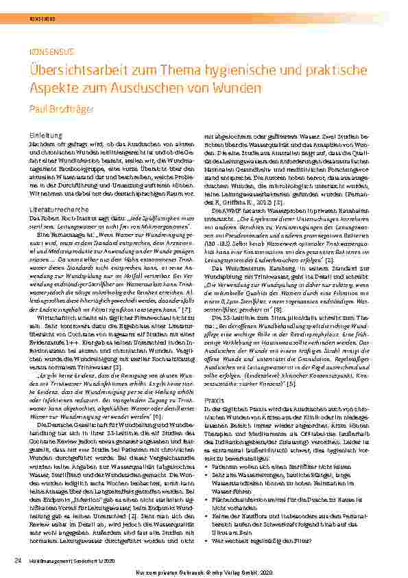 Vorschauseite 1: Übersichtsarbeit zum Thema hygienische und praktische Aspekte beim Ausduschen von Wunden