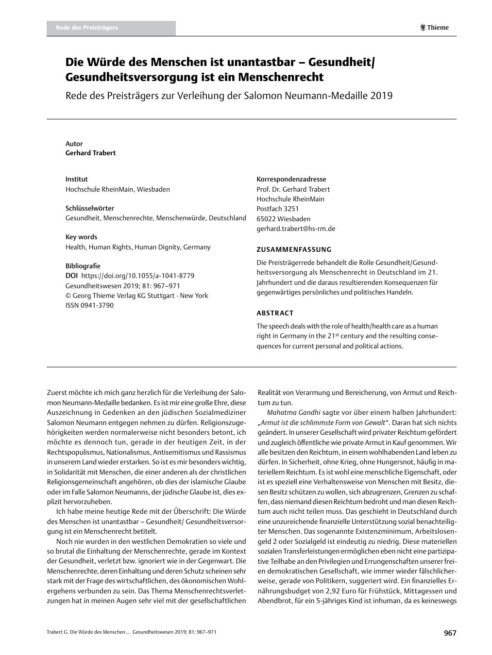 Vorschauseite 1: Die Würde des Menschen ist unantastbar – Gesundheit/Gesundheitsversorgung ist ein Menschenrecht