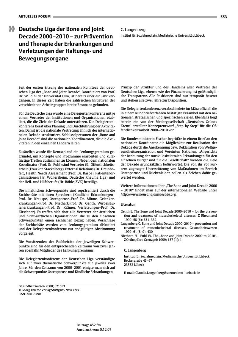 Vorschauseite 1: Deutsche Liga der Bone and Joint Decade 2000-2010 - zur Prävention und Therapie der Erkrankungen und Verletzungen der Haltungsund Bewegungsorgane