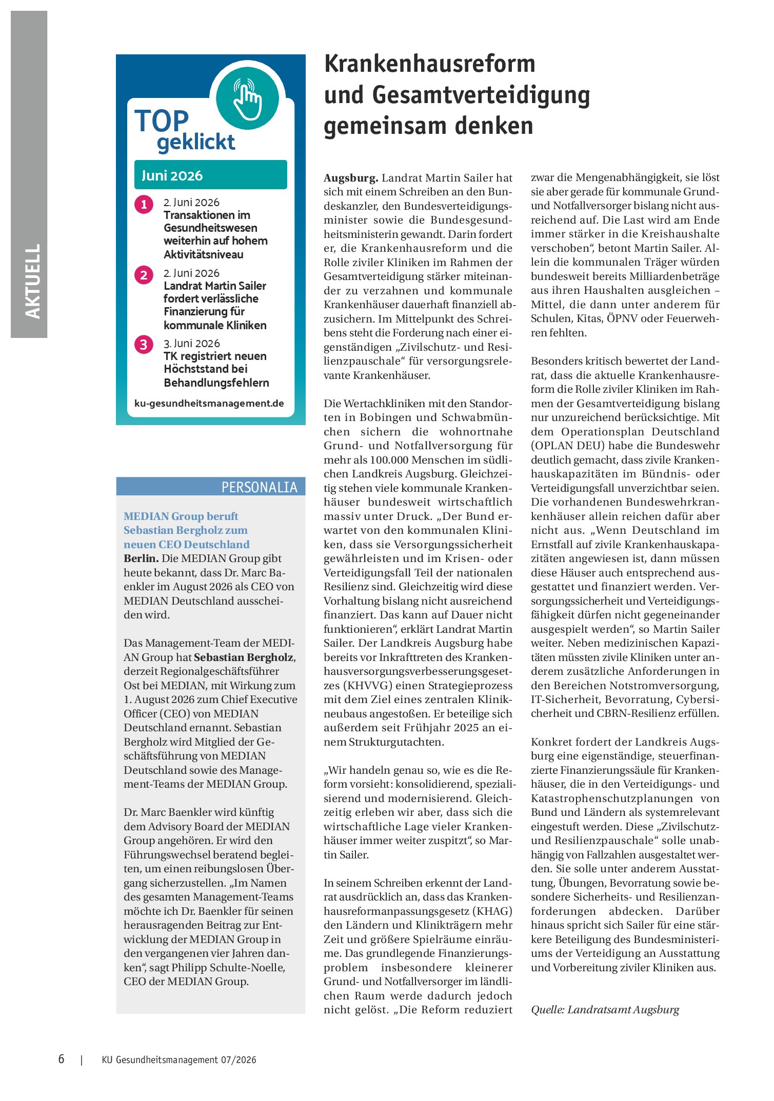 Vorschauseite 1: Krankenhausreform und Gesamtverteidigung – TOP gemeinsam denken