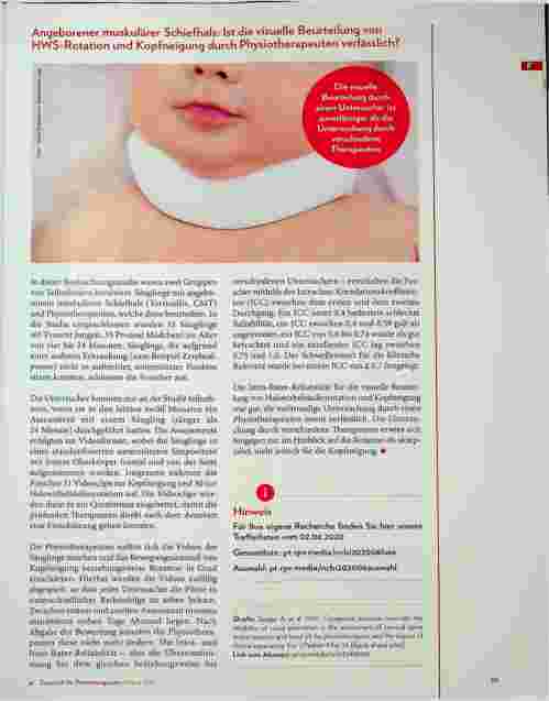 Vorschauseite 1: Angeborener muskulärer Schiefhals: Ist die visuelle Beurteilung von HWS-Rotation und Kopfneigung durch Physiotherapeuten verlässlich?