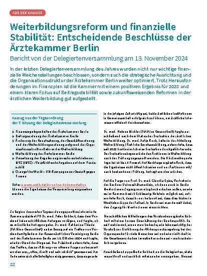 Vorschauseite 1: Weiterbildungsreform und finanzielle Stabilität: Entscheidende Beschlüsse der Ärztekammer Berlin