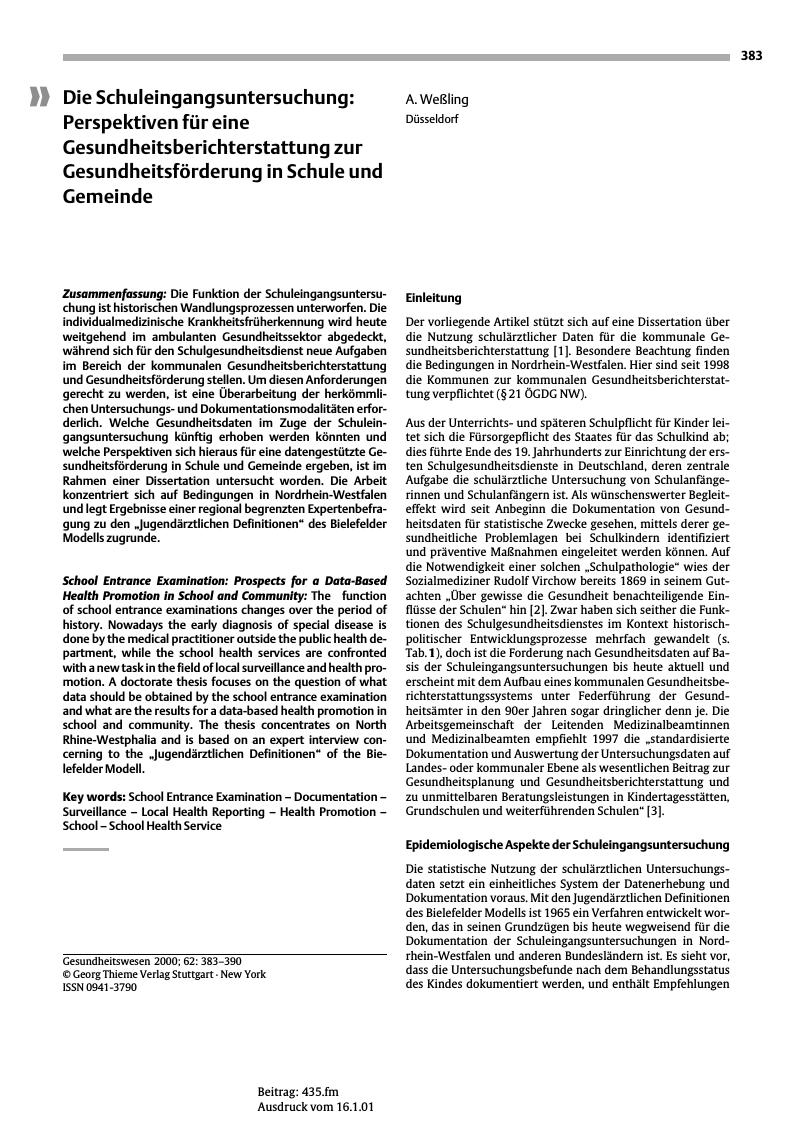 Vorschauseite 1: Die Schuleingangsuntersuchung: Perspektiven für eine Gesundheitsberichterstattung zur Gesundheitsförderung in Schule und Gemeinde