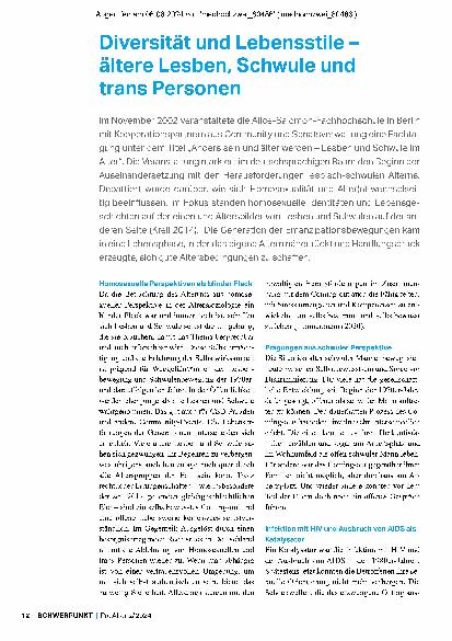 Vorschauseite 1: Diversität und Lebensstile – ältere Lesben, Schwule und Transpersonen