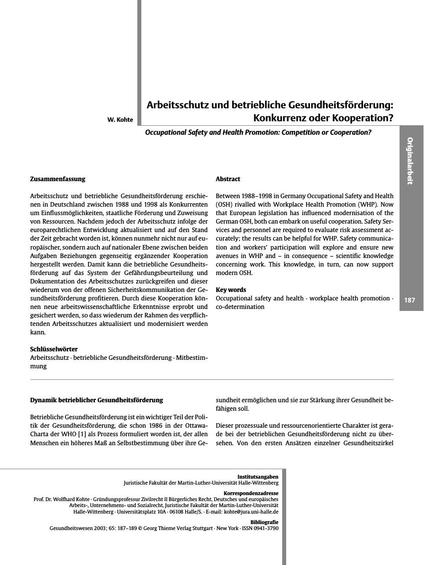 Vorschauseite 1: Arbeitsschutz und betriebliche Gesundheitsförderung: Konkurrenz oder Kooperation?