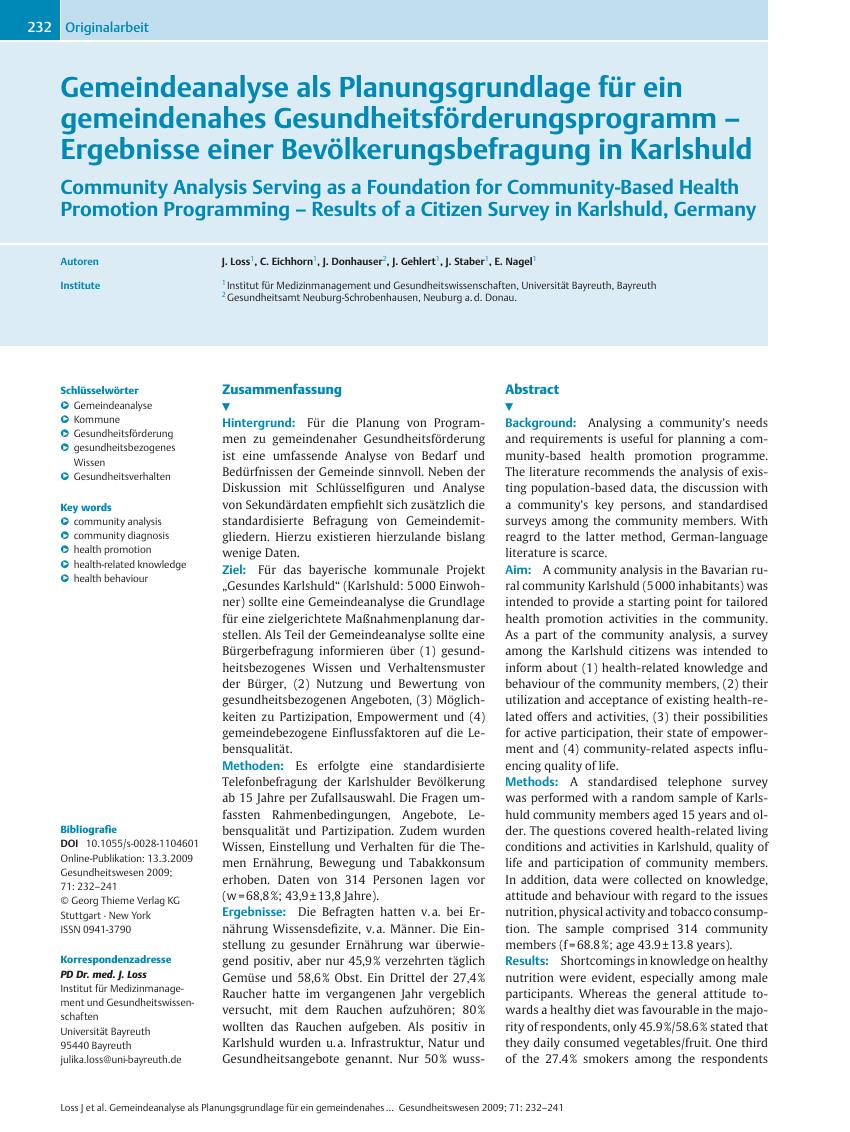 Vorschauseite 1: Gemeindeanalyse als Planungsgrundlage für ein gemeindenahes Gesundheitsförderungsprogramm – Ergebnisse einer Bevölkerungsbefragung in Karlshuld