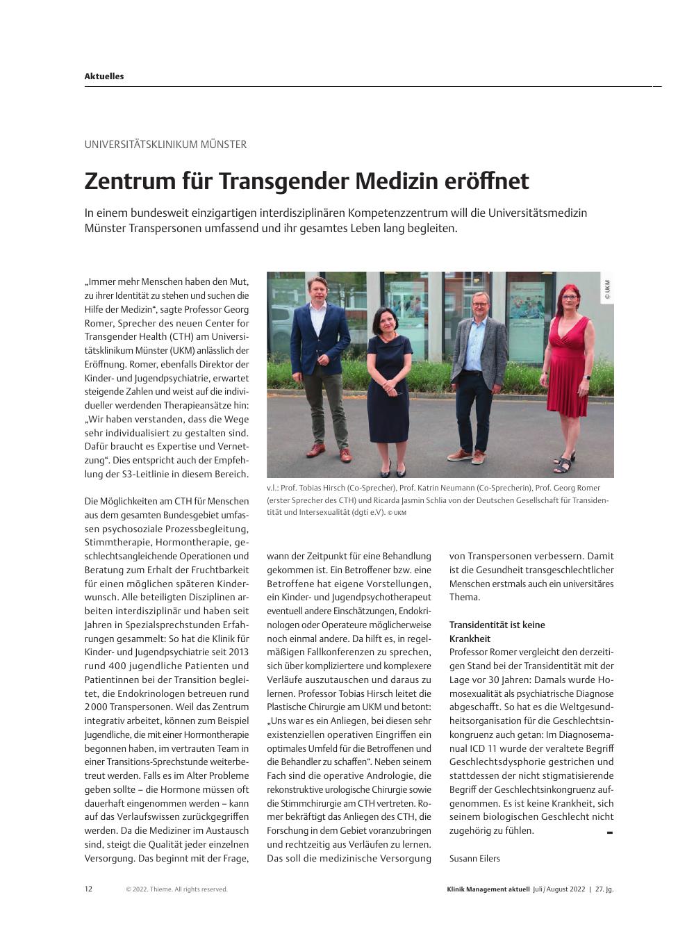 Vorschauseite 1: Universitätsklinikum Münster: Zentrum für Transgender Medizin eröffnet