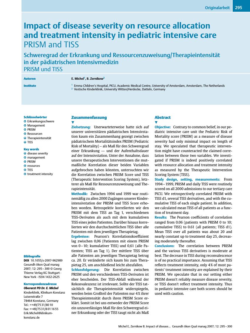Vorschauseite 1: Impact of disease severity on resource allocation and treatment intensity in pediatric intensive care