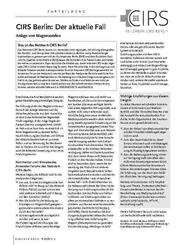 Vorschauseite 1: CIRS Berlin: Der aktuelle Fall Anlage von Magensonden