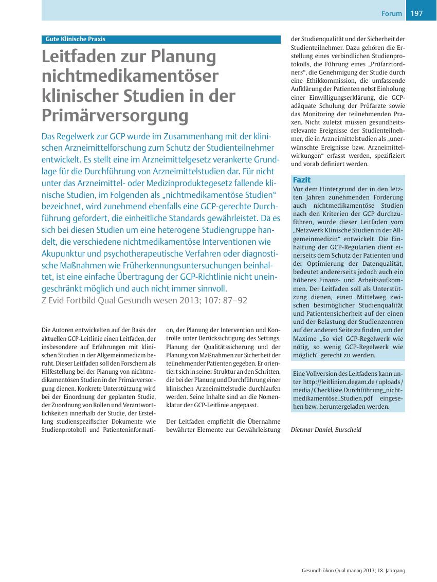 Vorschauseite 1: Gute Klinische Praxis? Leitfaden zur Planung nichtmedikamentöser klinischer Studien in der Primärversorgung